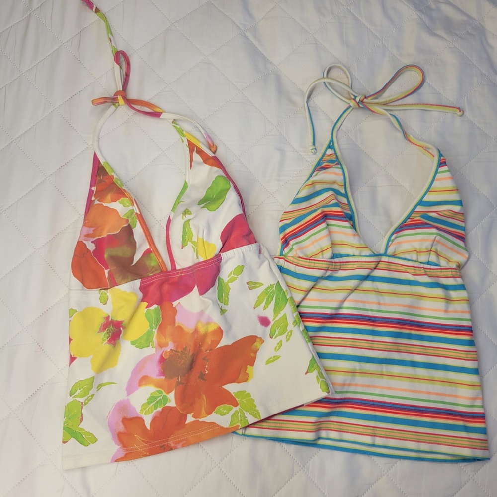 Vtg Morey Kids Halter Tankini Swim Tops Set of 2 Floral Striped Multicolor